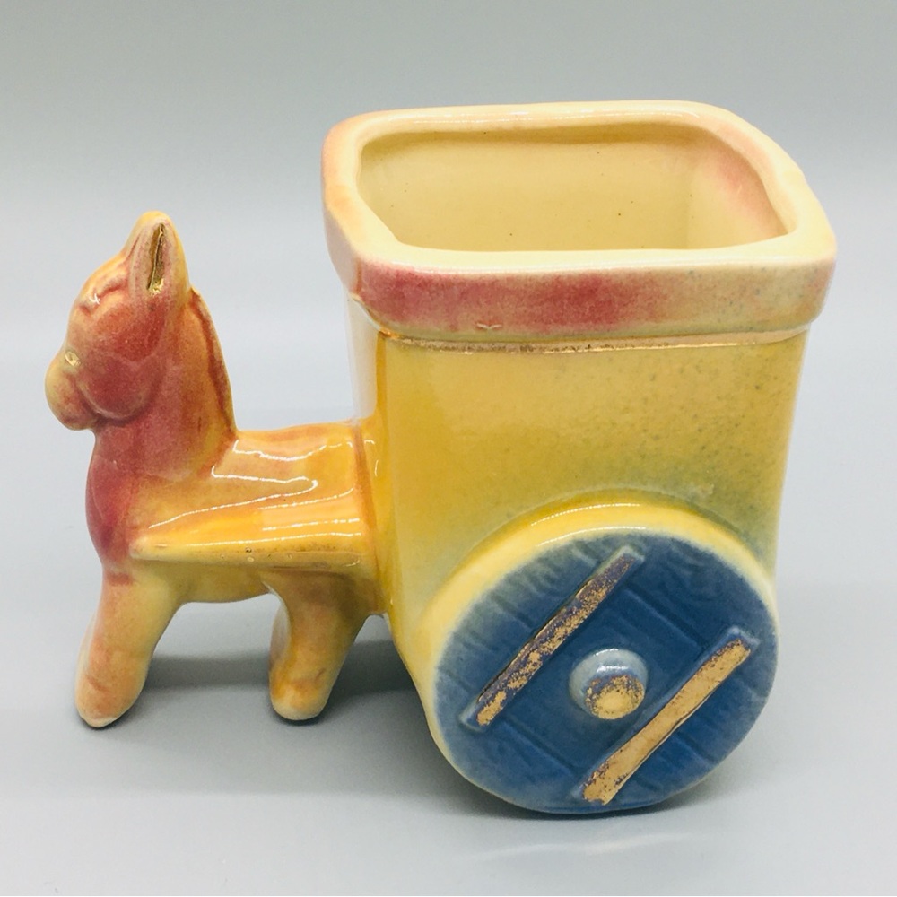 Shawnee Donkey Cart Ceramic Planter Vintage in yellow, red, blue and gold